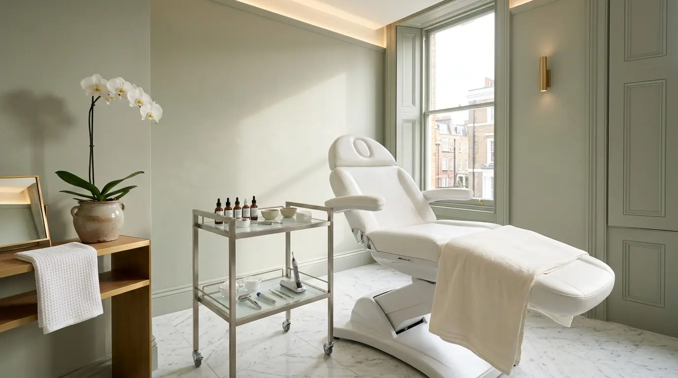 Elegant skincare clinic treatment room in London with sage green walls