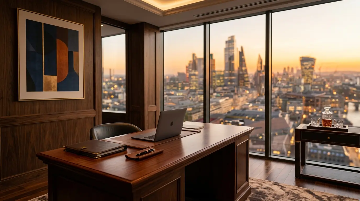 Luxury executive office with city skyline at sunset and polished wooden desk