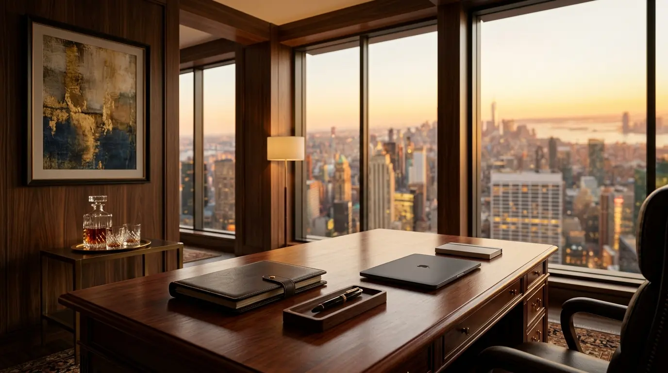Modern CEO office with golden hour light and city backdrop