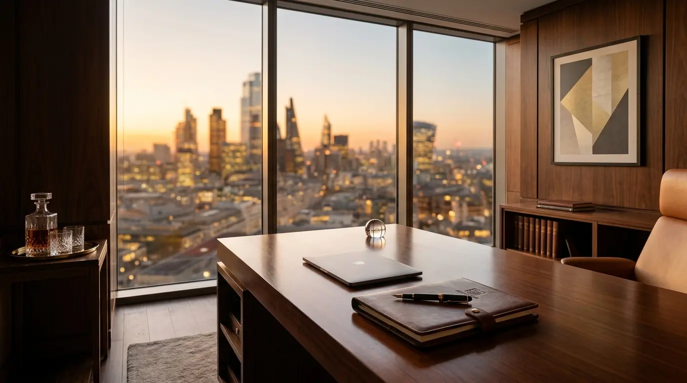 Premium boardroom with panoramic skyline view and elegant interior