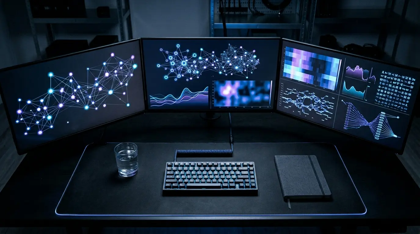 Technical SEO command center with glowing analytics screens and keyboard setup